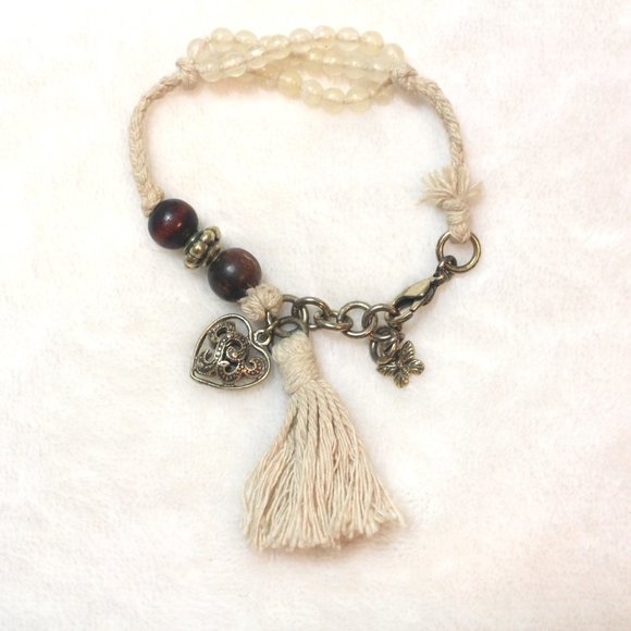 Jewelry - Boutique Natural Rope Bronze Charm Heart Butterfly Bohemian Wood Bead Bracelet